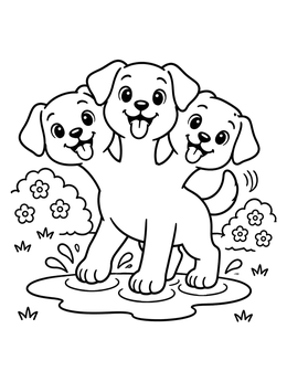 Free printable Playful Three Headed Puppy In Puddle coloring page