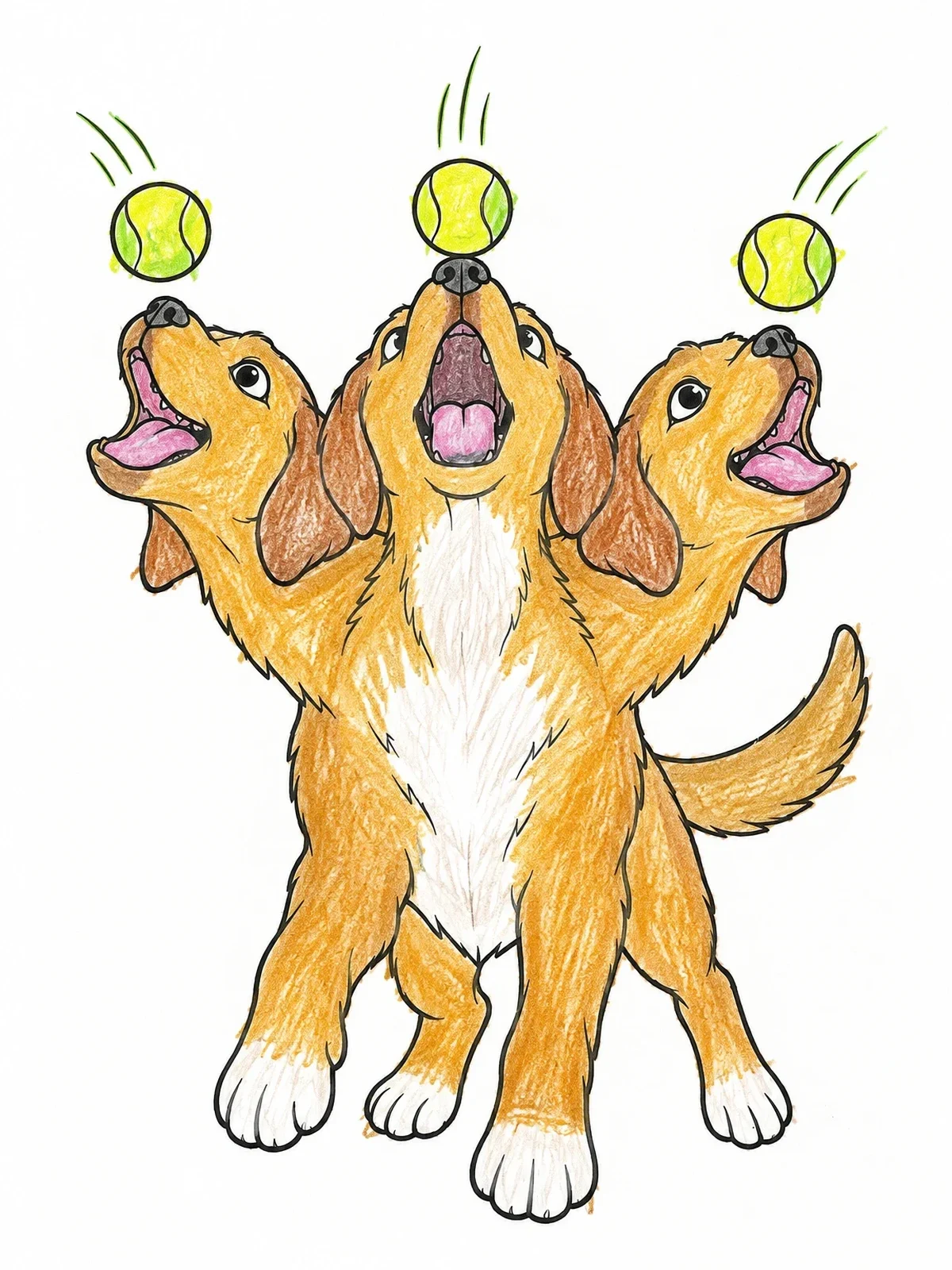Colored example of the Playful Three Headed Puppy Catching Balls coloring page