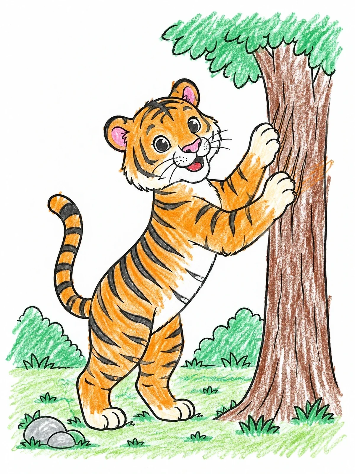 Colored example of the Playful Tiger Cub Scratching Tree coloring page