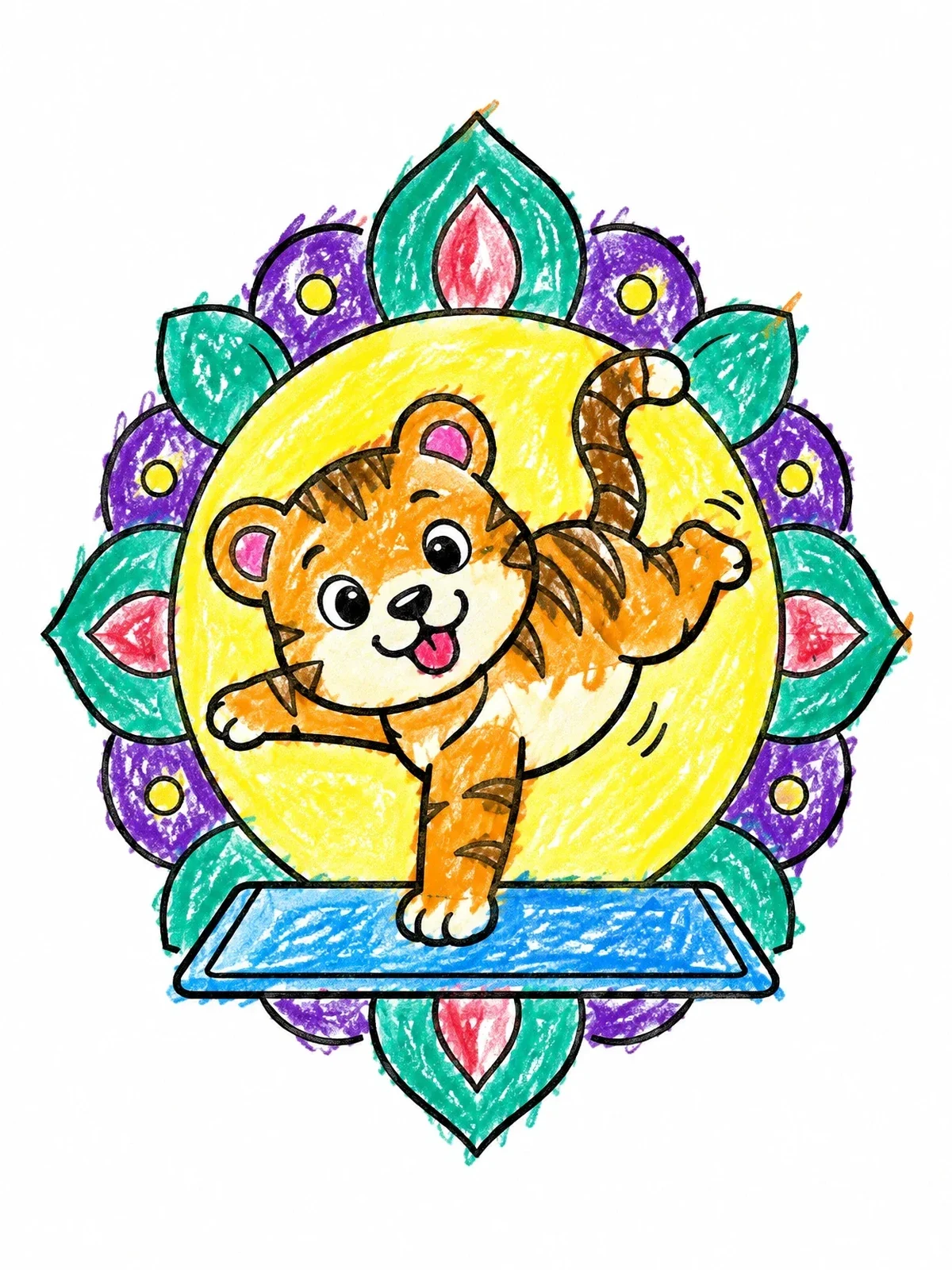 Colored example of the Playful Tiger Doing Yoga Balance coloring page