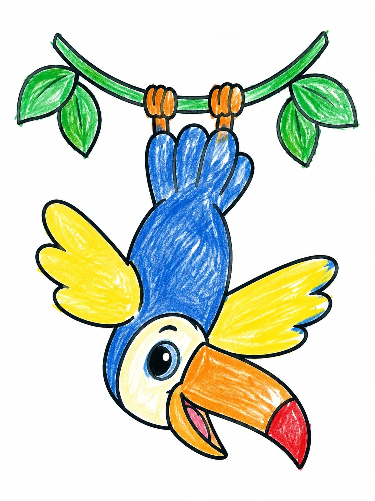 Colored example of the Playful Toucan Hanging Upside Down coloring page