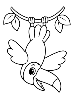 A cute cartoon toucan coloring page showing the bird hanging upside down from a vine.