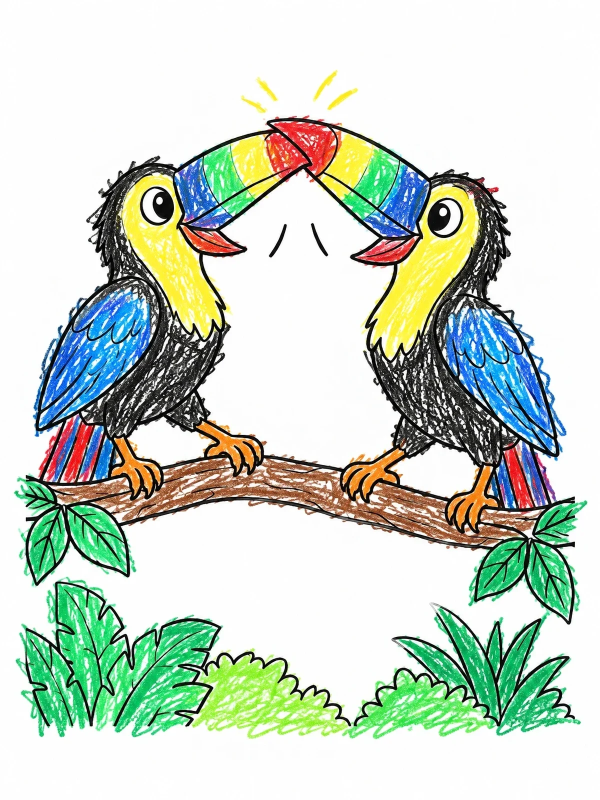 Colored example of the Playful Toucans On A Branch coloring page