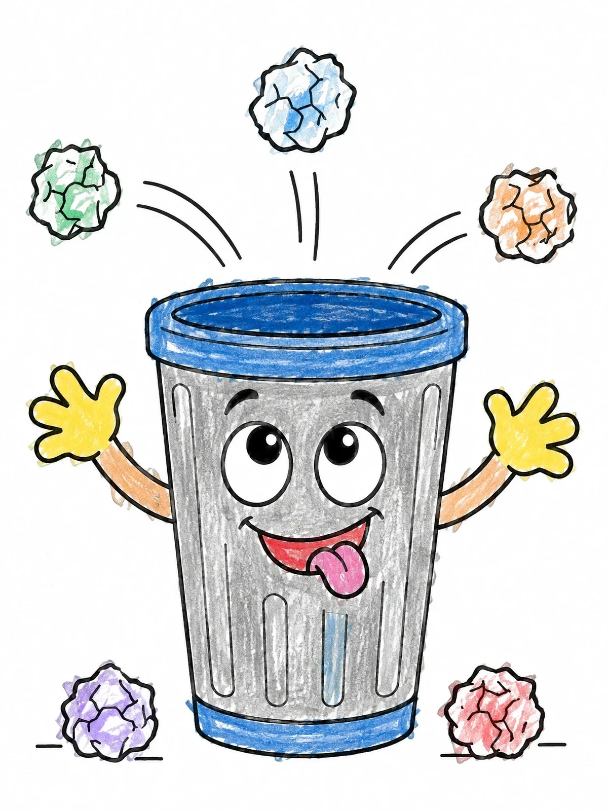 Colored example of the Playful Trash Can Catching Paper coloring page