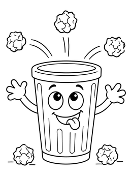 Free printable Playful Trash Can Catching Paper coloring page