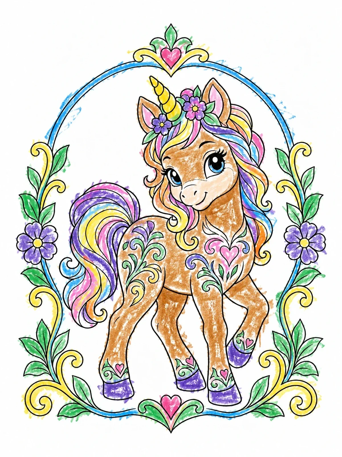 Colored example of the Playful Foal In Floral Frame coloring page