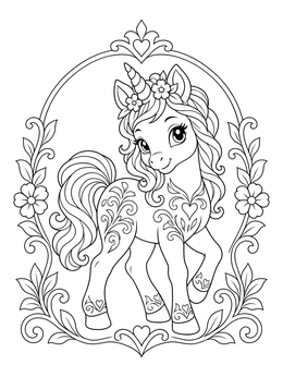 A cute baby unicorn mandala coloring page framed with decorative floral vines and hearts.