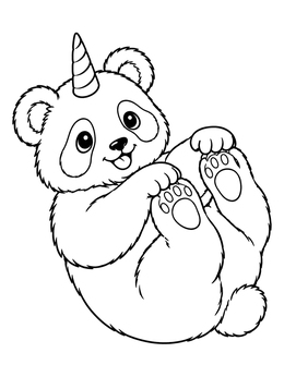 A cute unicorn panda coloring page showing a cub playfully rolling onto its back holding its paws.
