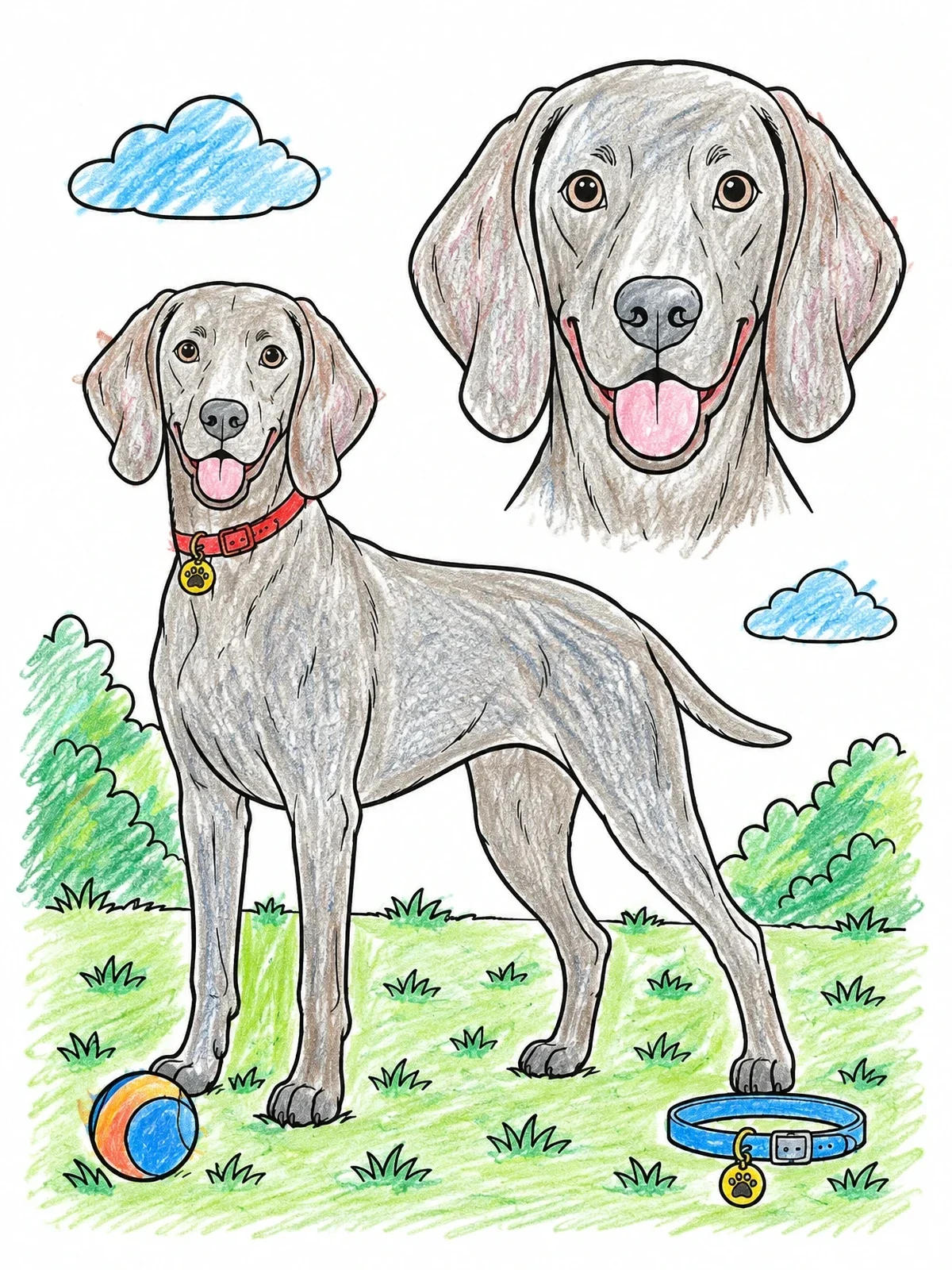 Colored example of the Playful Weimaraner Dog And Portrait coloring page