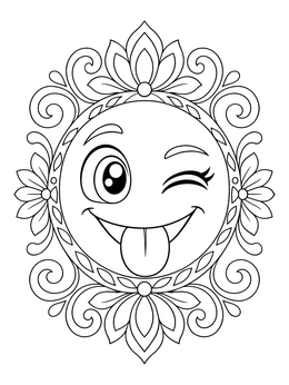 A playful smiley faces coloring page featuring a winking face inside an ornate floral mandala frame.
