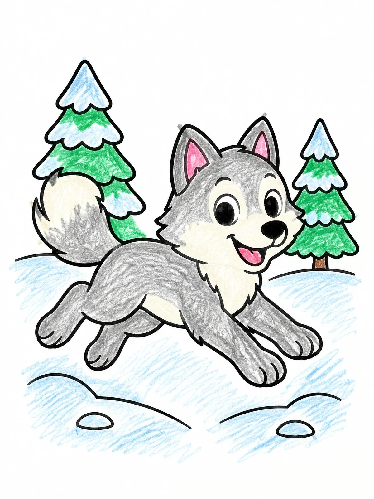Colored example of the Playful Wolf Pup Running In Snow coloring page