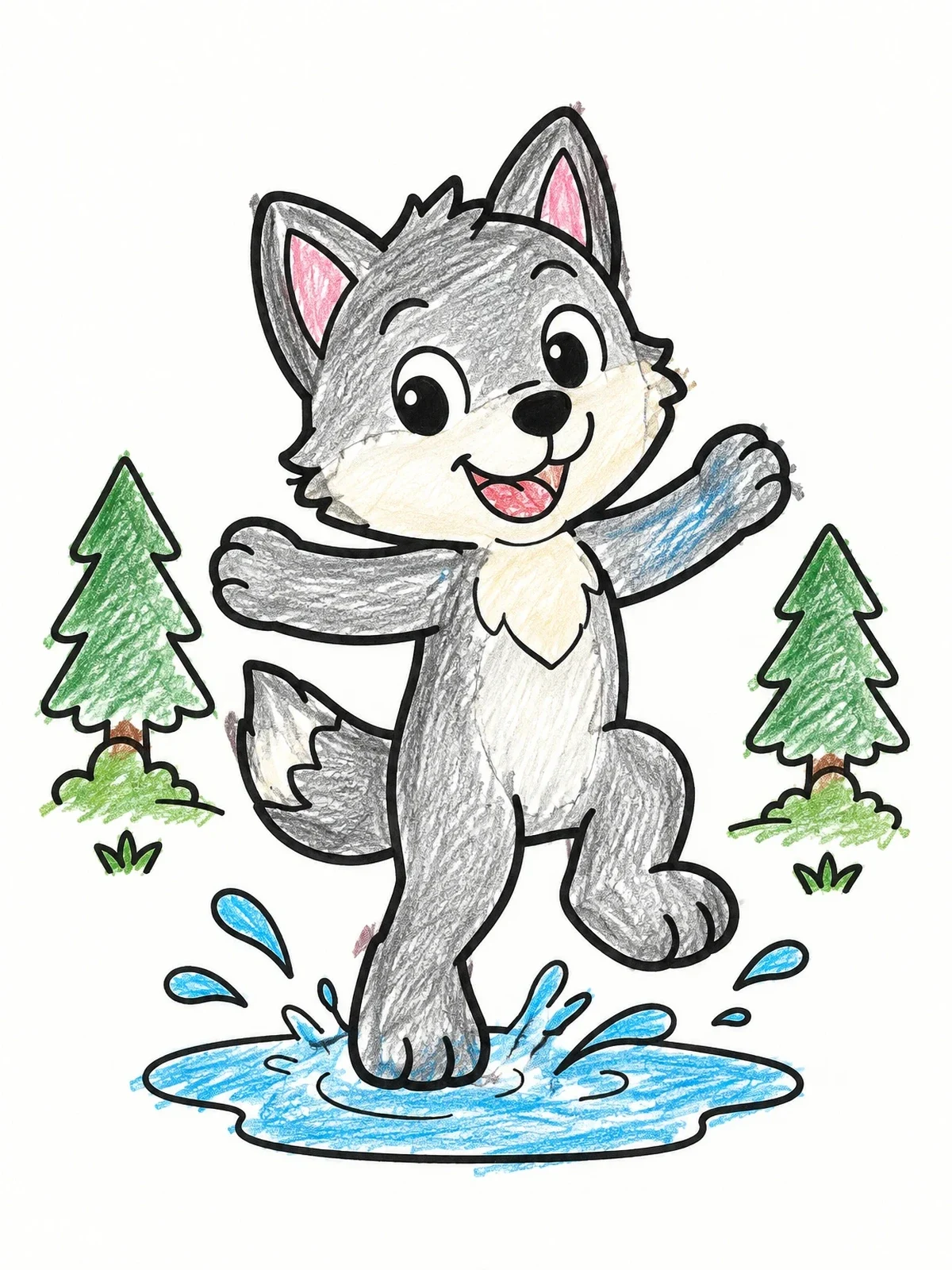 Colored example of the Playful Wolf Pup Splashing In Puddle coloring page