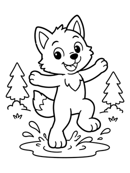 A cheerful wolf pup jumps in water on this cute wolf coloring page.
