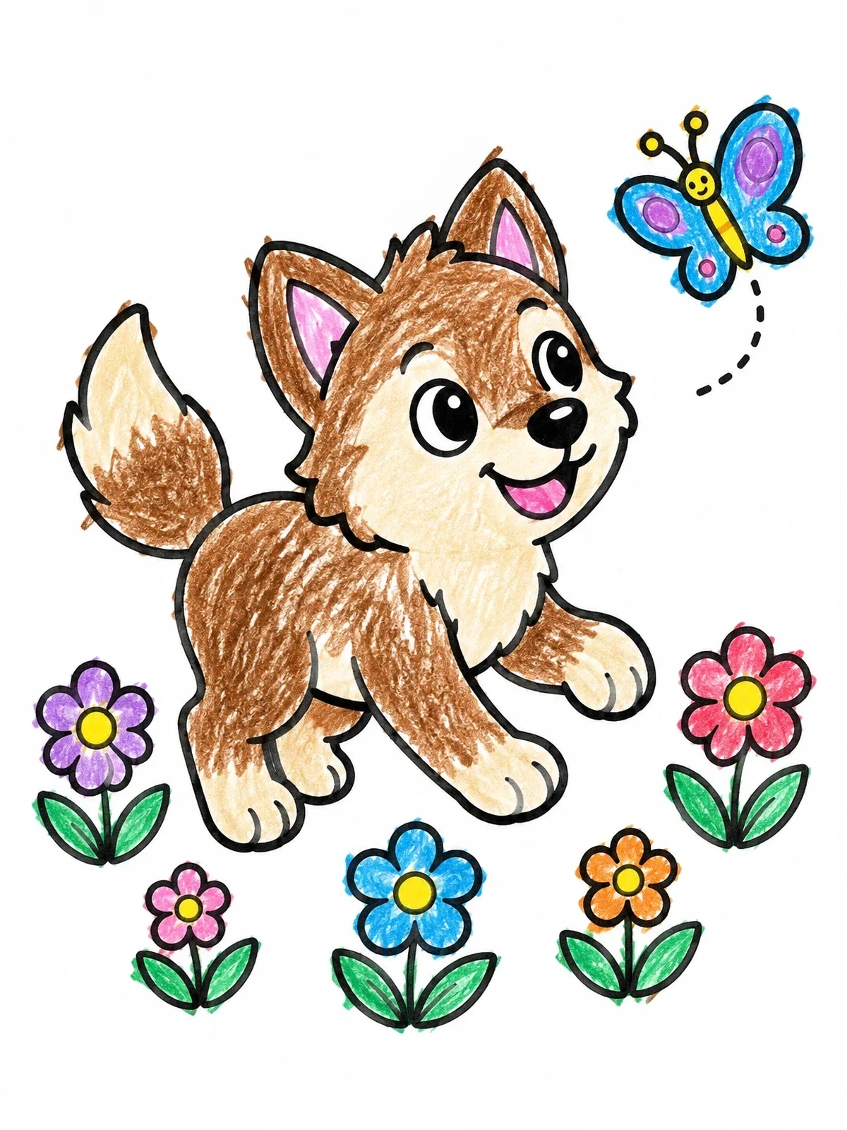 Colored example of the Playful Wolf Pup With Butterfly coloring page
