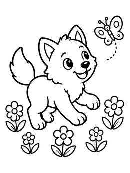 Free printable Playful Wolf Pup With Butterfly coloring page