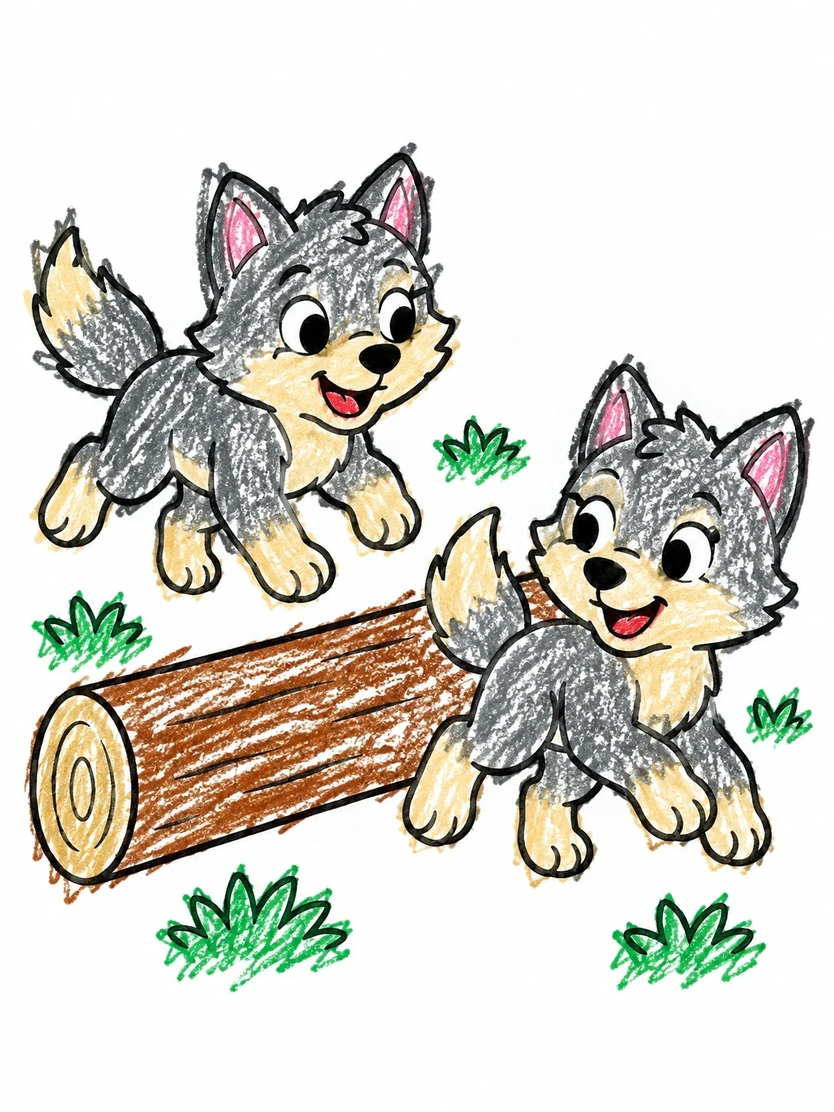 Colored example of the Playful Wolf Pups By Forest Log coloring page