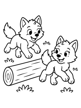 Two cute wolf pups playing around a log on this wolf coloring page.