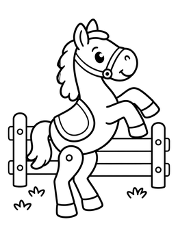 A cheerful wooden pony stands in this cute toy coloring page.