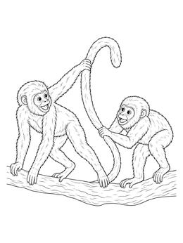 A playful howler monkey coloring page featuring two young monkeys holding a long tail on a tree branch.