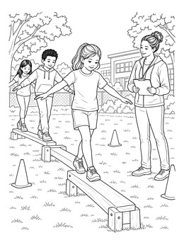 A playground coloring page with school kids balancing on low wooden beams as a teacher supervises.