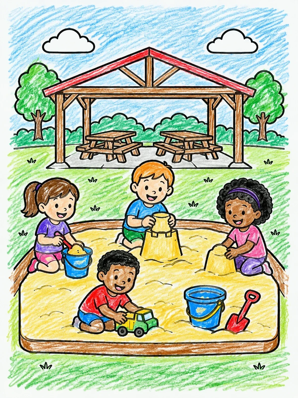Colored example of the Kids Playing In The Sandbox Pavilion coloring page