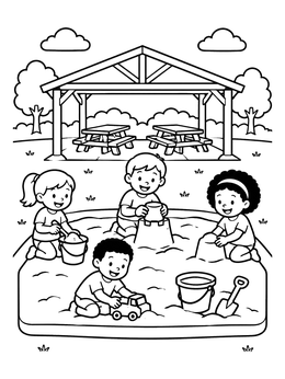 Four happy children build sandcastles in this playground coloring page near a park pavilion.