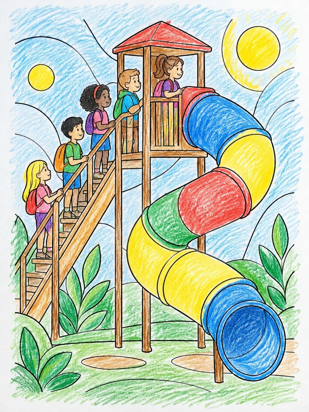 Colored example of the Children Queuing For The Tube Slide coloring page