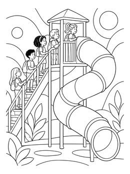 Children climb stairs to a spiral tube slide in this playground coloring page.