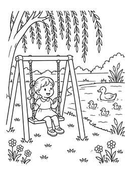 A cheerful girl swings near swimming ducklings in this playground coloring page.