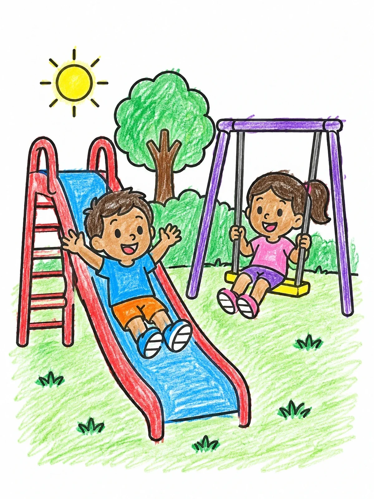 Colored example of the Kids Having Fun On Slide And Swing coloring page