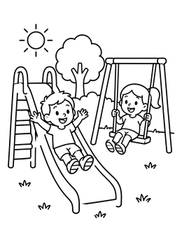 Free printable Kids Having Fun On Slide And Swing coloring page