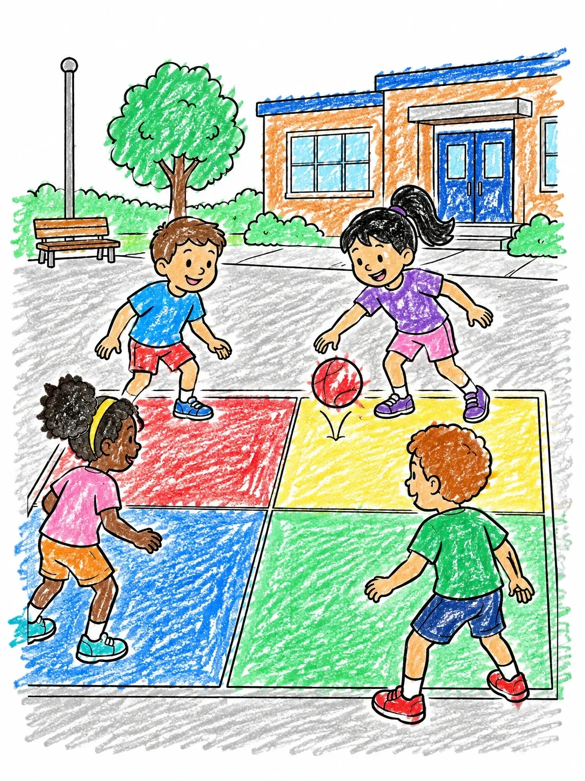 Colored example of the Children Playing Four Square At School coloring page