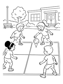 Kids play four square together in this lively playground coloring page.