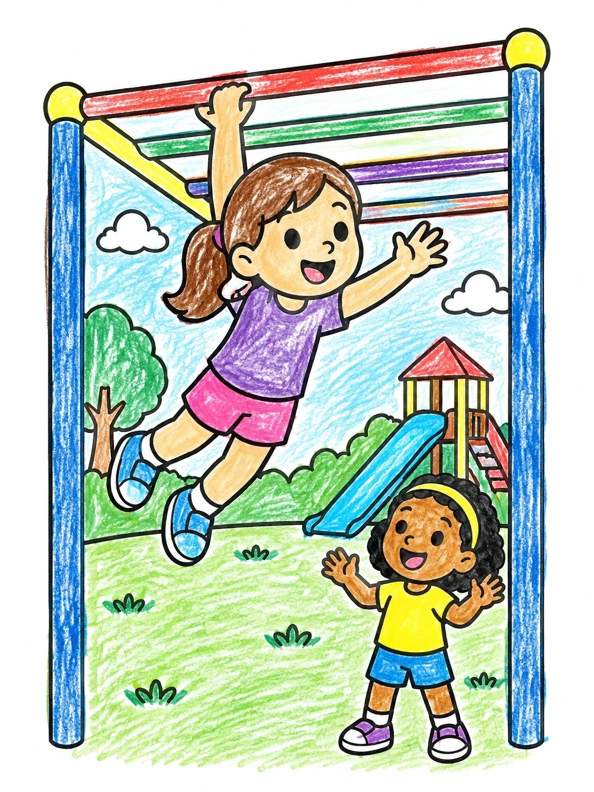 Colored example of the Kids Having Fun On Monkey Bars coloring page