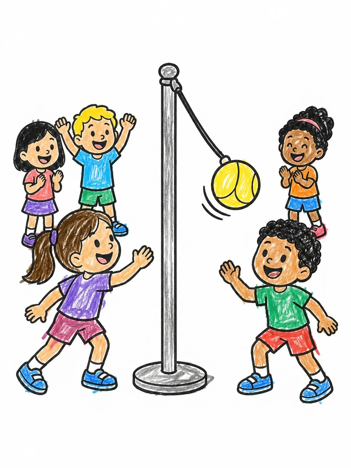Colored example of the Kids Playing Tetherball Together coloring page