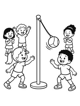 Happy children playing tetherball in this fun playground coloring page.