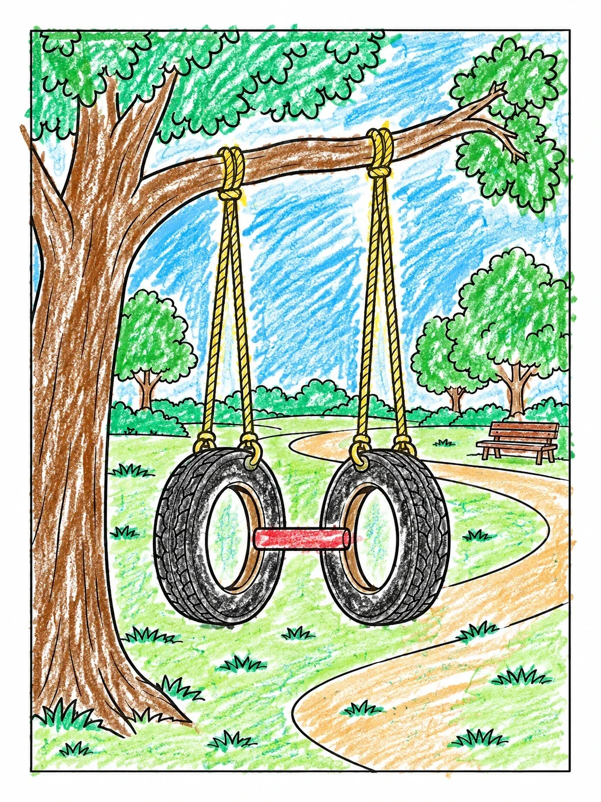 Colored example of the Tandem Tire Swing In Park coloring page