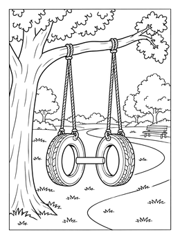 A tandem tire swing hanging from a tree branch on this playground coloring page.