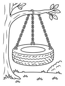 A fun tire swing hanging from a tree in this playground coloring page.