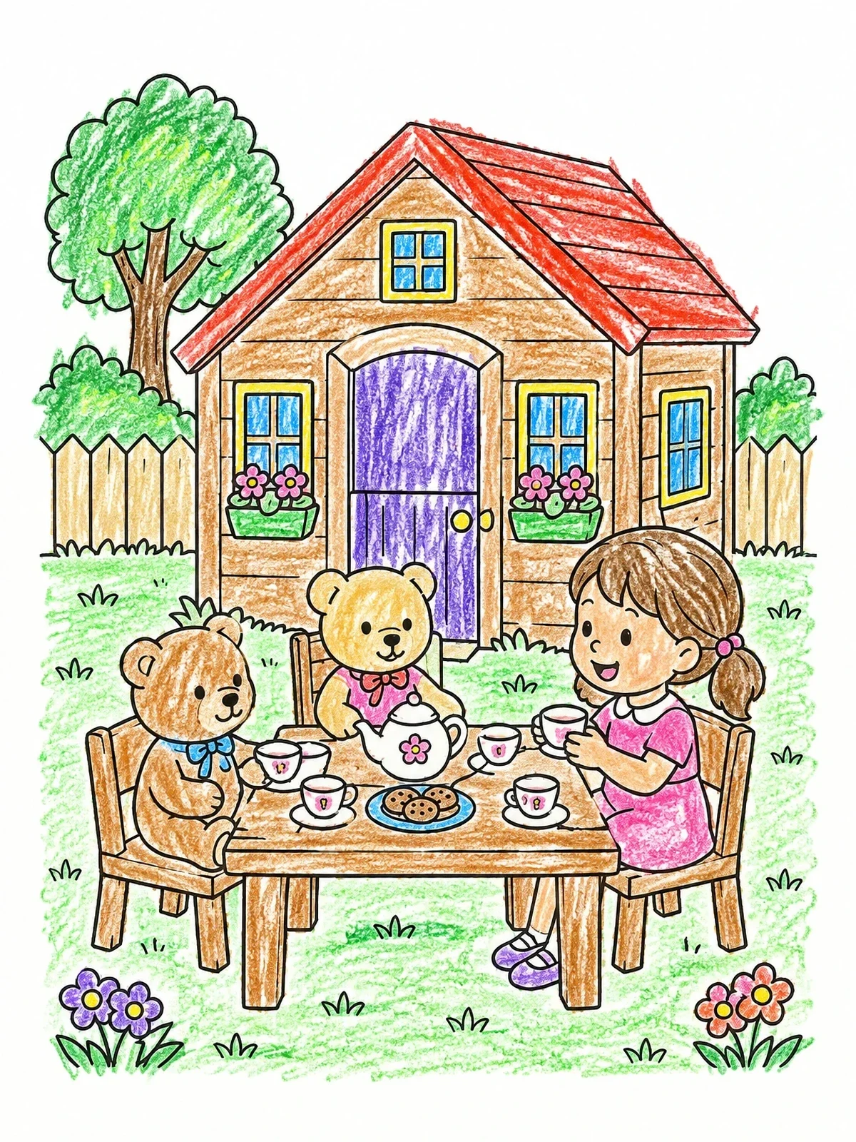 Colored example of the Playhouse Backyard Tea Party coloring page