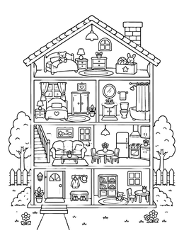Free printable Cozy Multi Story Dollhouse With Furnished Rooms coloring page
