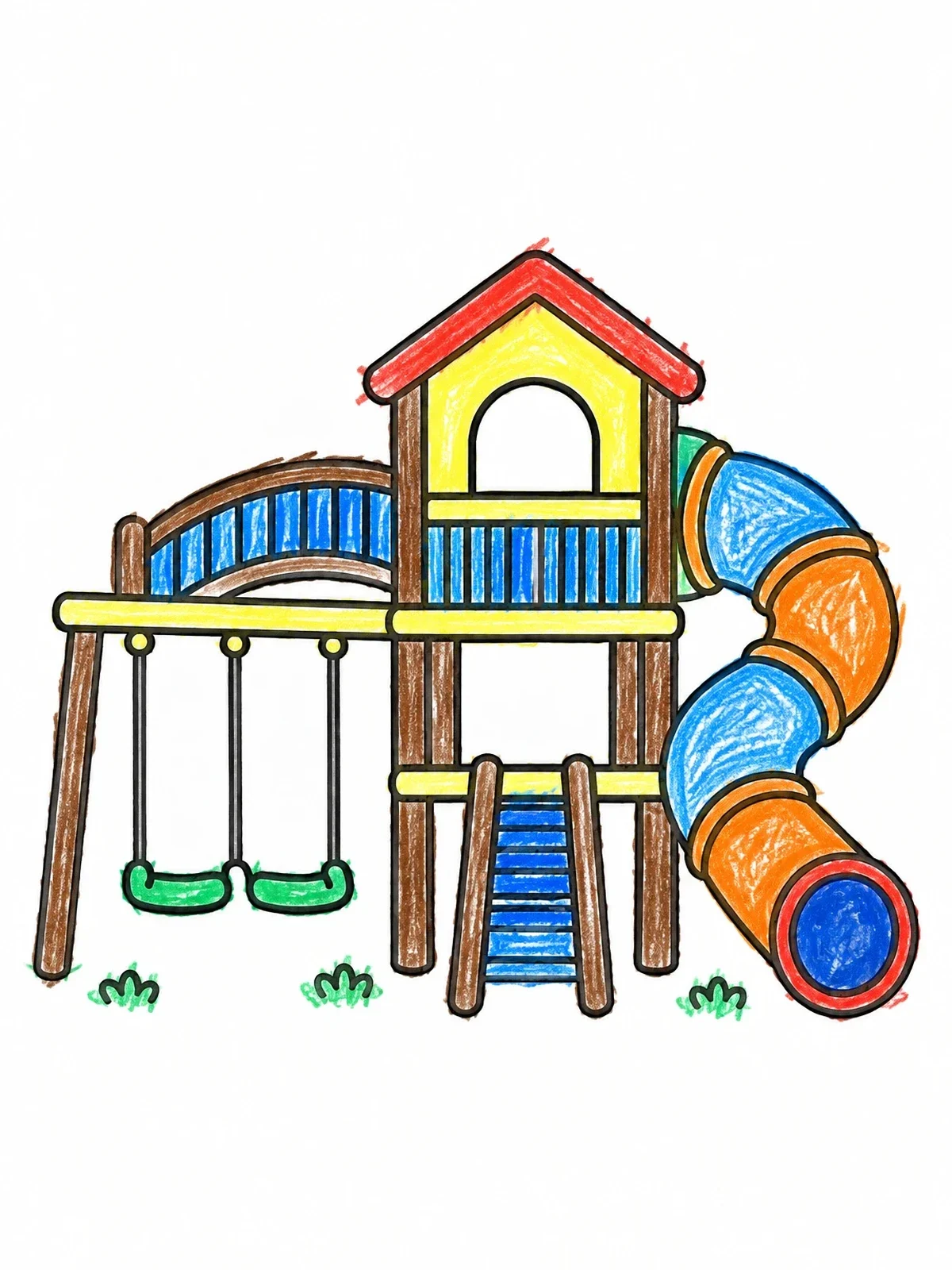 Colored example of the Playhouse Fort With Tube Slide And Swings coloring page