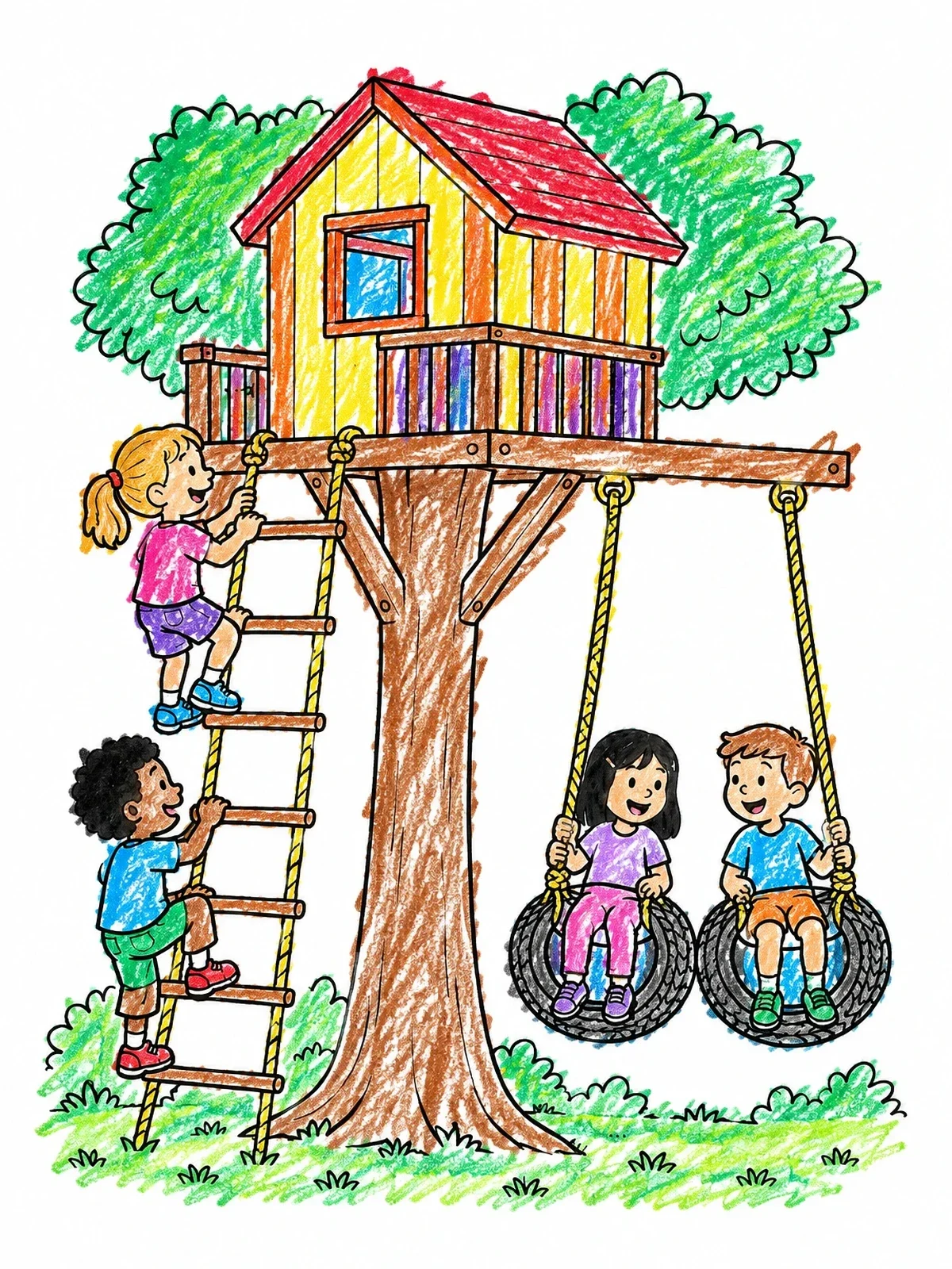 Colored example of the Kids Playing At The Treehouse coloring page