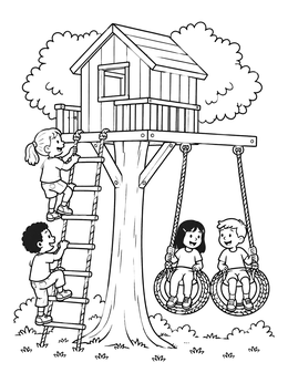 Free printable Kids Playing At The Treehouse coloring page