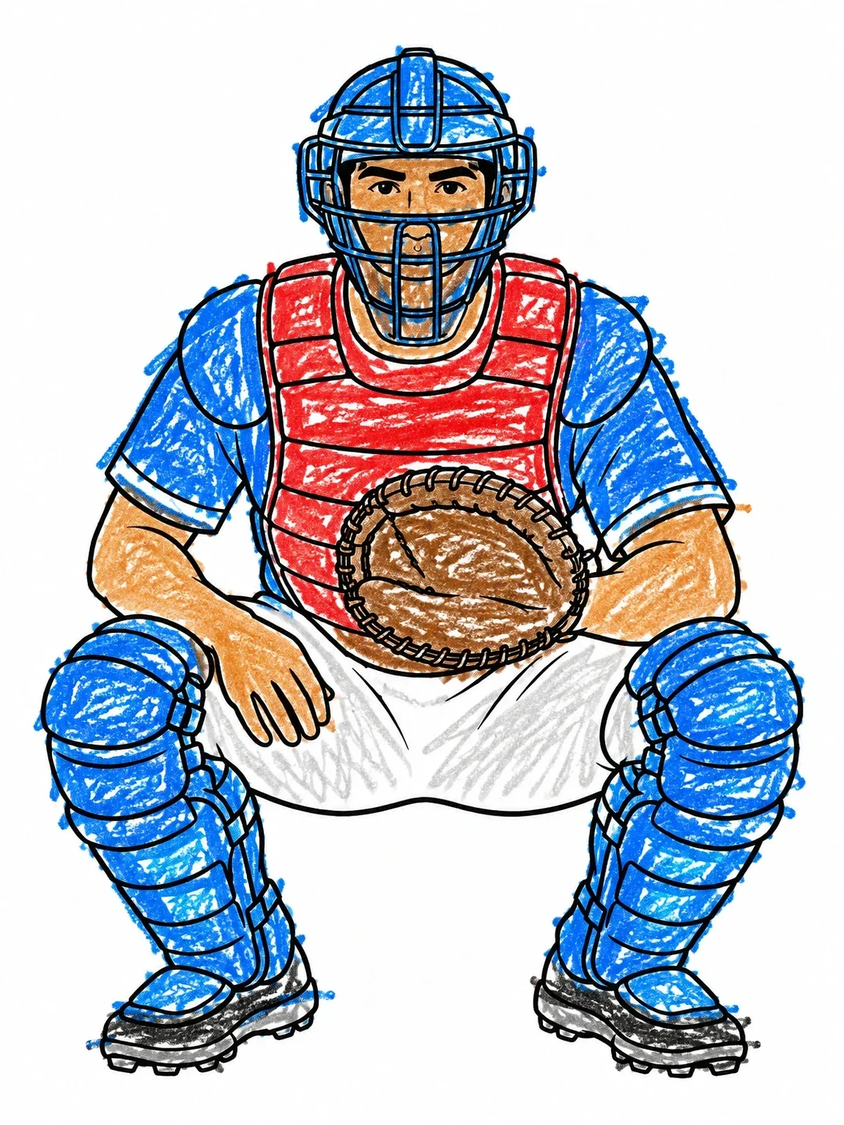 Colored example of the Baseball Catcher Ready In Stance coloring page