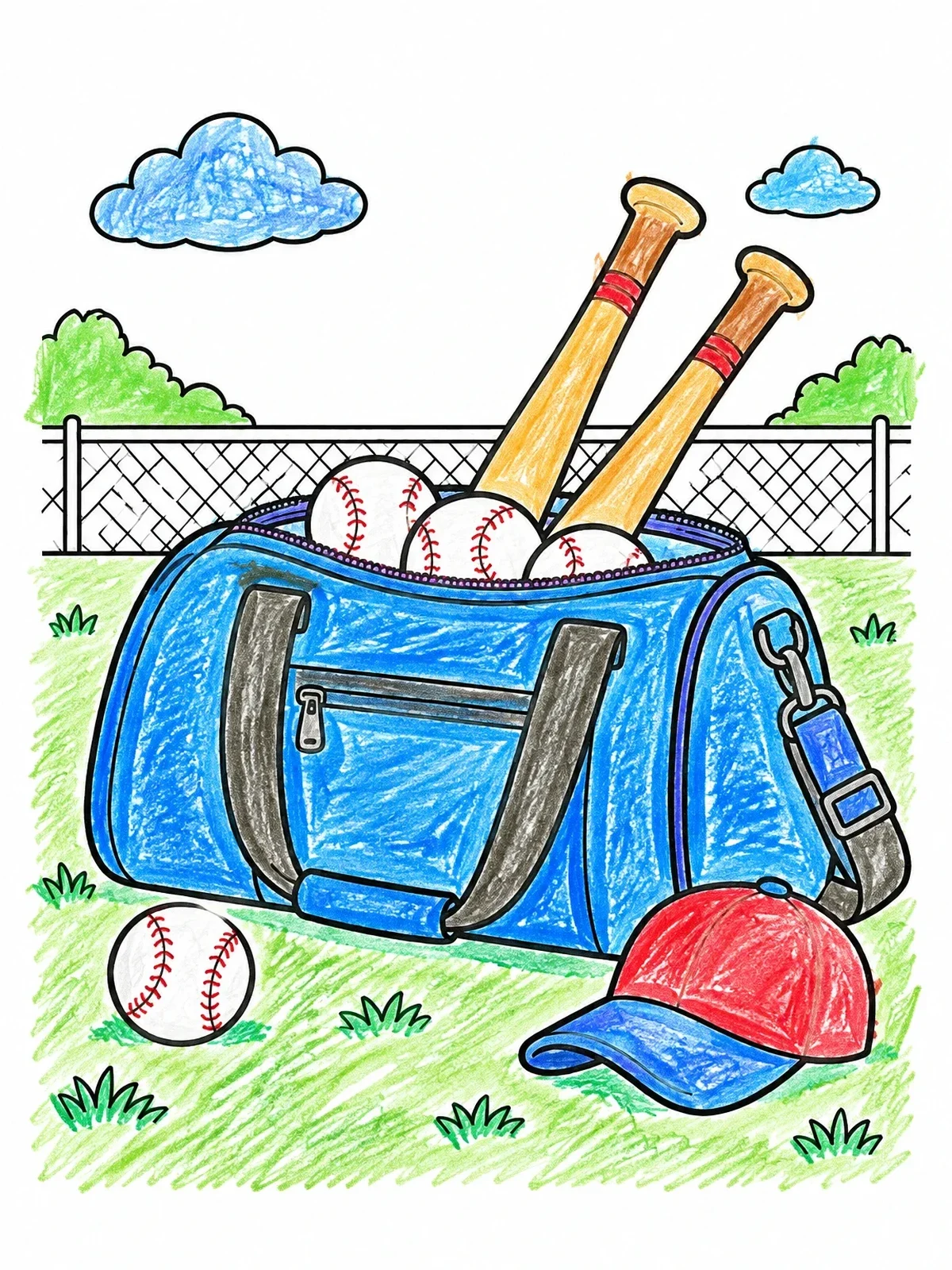 Colored example of the Baseball Gear Bag On Field coloring page