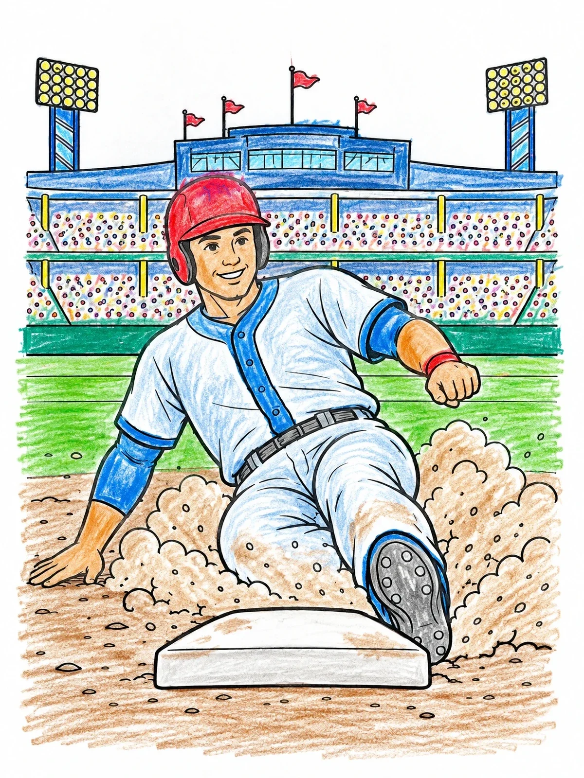 Colored example of the Baseball Player Sliding Into Base coloring page