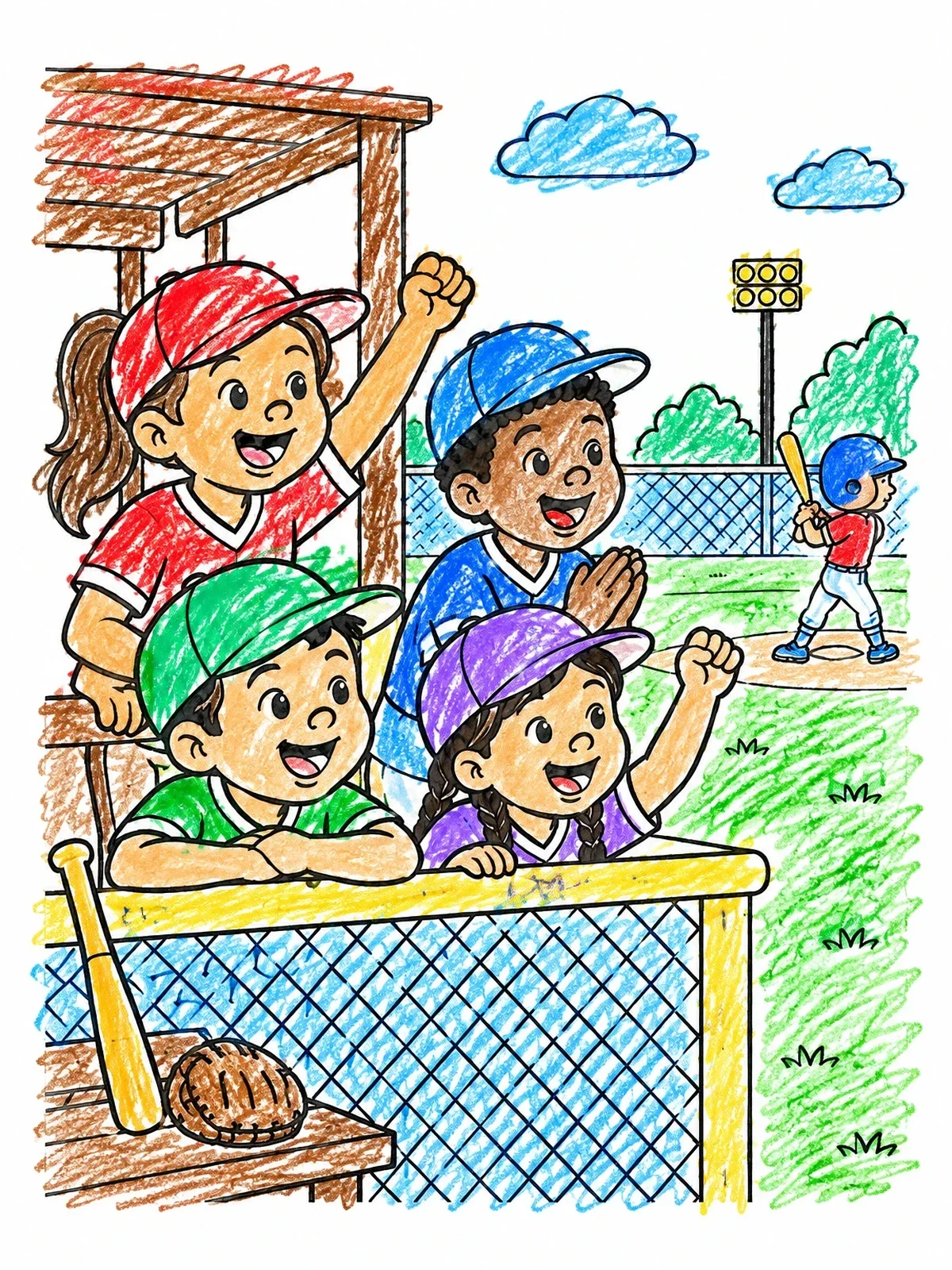 Colored example of the Baseball Teammates Cheering From Dugout coloring page