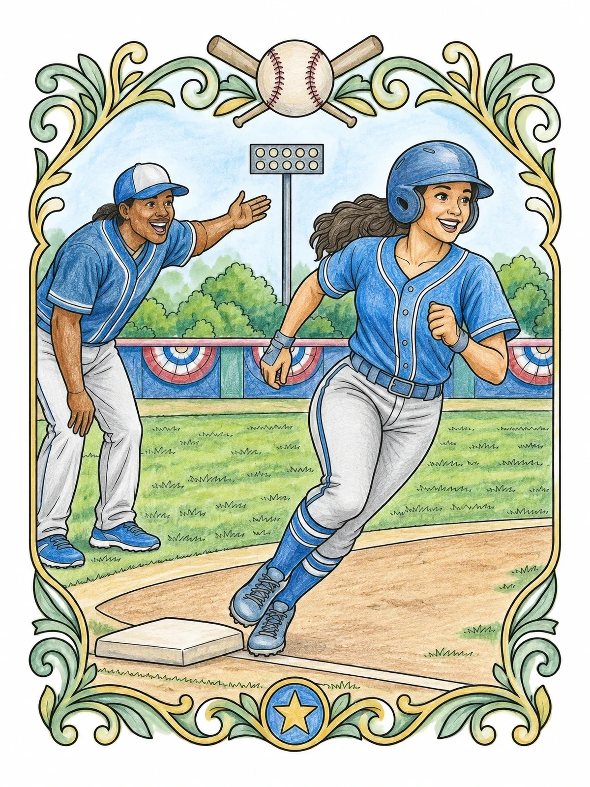 Colored example of the Baserunner Rounding Third Base coloring page