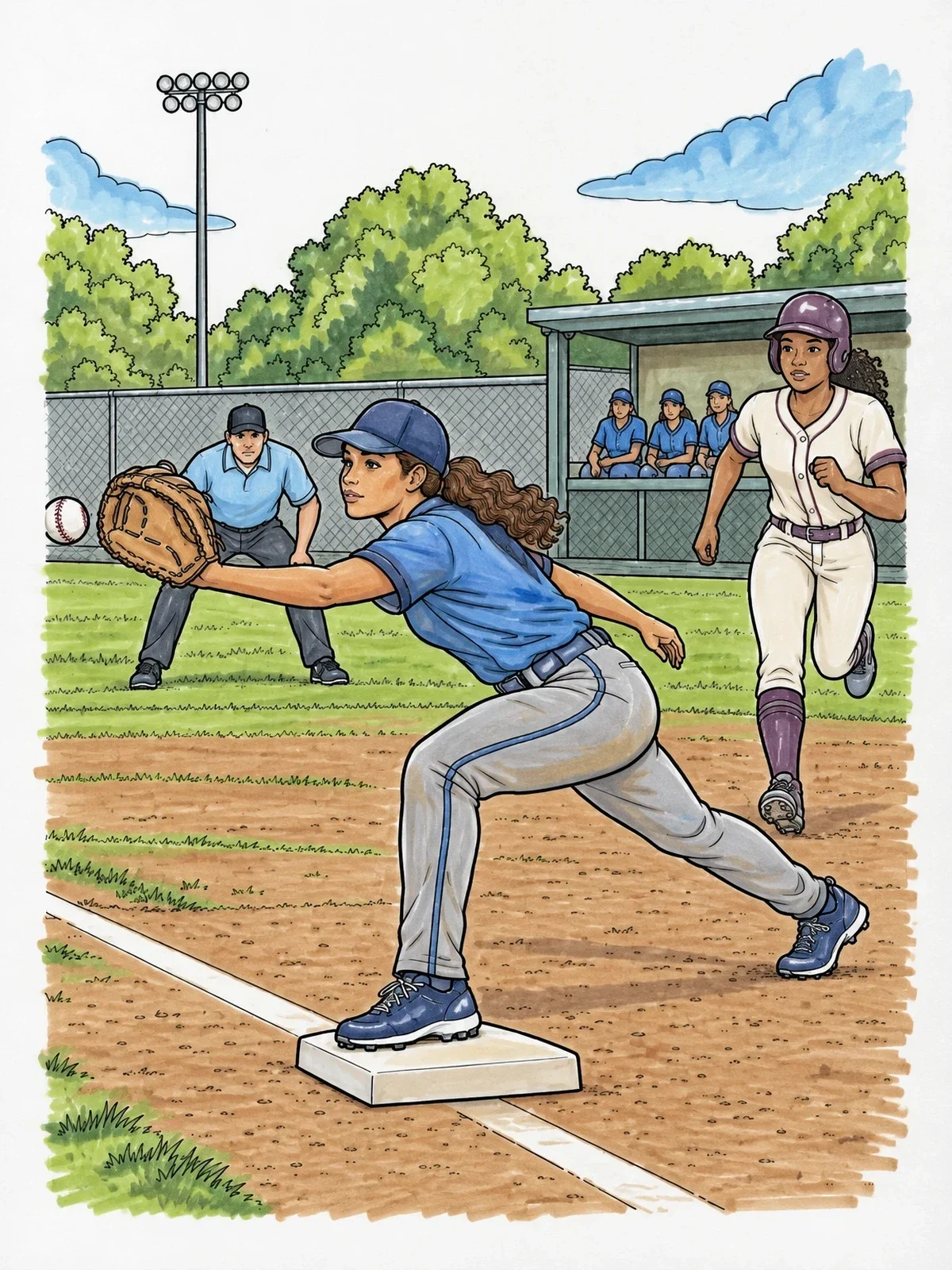 Colored example of the First Baseman Stretching For The Catch coloring page